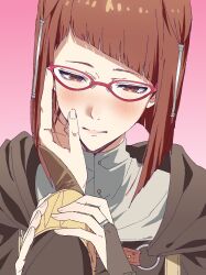 1girl blush bridal_gauntlets cape diagonal_bangs fire_emblem fire_emblem_awakening glasses hair_tubes hand_on_another&#039;s_face highres holding_another&#039;s_arm miriel_(fire_emblem) nintendo pov pov_hands red-framed_eyewear red_eyes red_hair robin_(fire_emblem) short_hair tsujii_luki