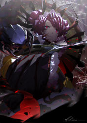 Rule 34 | 1girl, absurdres, antennae, arthropod girl, blood, blood on face, bloody weapon, bug, centipede, character name, commentary, double bun, embers, entoma vasilissa zeta, fangs, giant insect, hair bun, highres, joehongtee, light smile, long sleeves, looking at viewer, looking back, maid, maid headdress, overlord (maruyama), purple hair, red eyes, short hair, silk, skin fangs, sleeves past wrists, spider web, sword, weapon