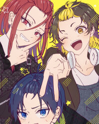 3boys alternate_costume bachira_meguru bangs_pinned_back black_hair blonde_hair blue_eyes blue_hair blue_lock chigiri_hyoma closed_mouth colored_inner_hair commentary_request gyaru_v hair_between_eyes headphones headphones_around_neck isagi_yoichi long_hair long_sleeves looking_at_viewer male_focus mma_runn multicolored_hair multiple_boys one_eye_closed open_mouth red_eyes red_hair shirt short_hair simple_background smile teeth tongue two-tone_hair upper_body upper_teeth_only v yellow_background yellow_eyes