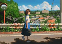 1girl bag black_socks blue_neckerchief blue_sailor_collar brown_eyes brown_hair closed_mouth cloud commentary day fjsmu full_body highres holding holding_bag house neckerchief original outdoors pleated_skirt sailor_collar scenery school_bag school_uniform serafuku shirt shoes short_sleeves skirt socks solo summer white_shirt white_shoes