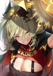 1girl black_gloves breasts caesar_king_(zenless_zone_zero) cheeeese_tara5 cleavage gloves green_hair grin highres low_ponytail orange_eyes ponytail shield smile solo upper_body zenless_zone_zero