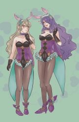 2girls animal_ears bare_shoulders blush breasts camilla_(fire_emblem) camilla_(fire_emblem)_(cosplay) camilla_(spring_princess)_(fire_emblem) choker cleavage closed_mouth cosplay e_m_a fake_animal_ears female_corrin_(fire_emblem) fire_emblem fire_emblem_fates fire_emblem_heroes frilled_choker frills gloves grey_hair hair_between_eyes hair_over_one_eye half-siblings leotard long_hair matching_outfits medium_breasts multiple_girls nintendo official_alternate_costume open_mouth pantyhose playboy_bunny pointy_ears purple_eyes purple_hair rabbit_ears red_eyes smile very_long_hair wavy_hair white_hair
