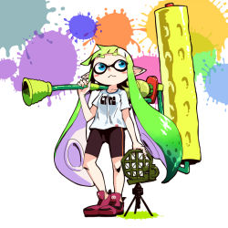 1girl bike_shorts blue_eyes blush_stickers epurasu female_focus green_hair holding inkling inkling_girl inkling_player_character long_hair looking_afar nintendo oversized_object paint_roller paint_splatter pointy_ears radar shirt single_vertical_stripe solo splat_roller_(splatoon) splatoon_(series) splatoon_1 standing t-shirt tentacle_hair white_background