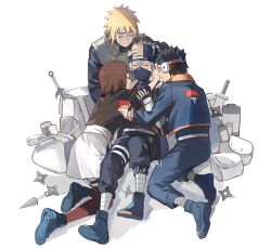 Rule 34 | 1girl, 3boys, ^ ^, apron, artist name, backpack, bag, bandaged leg, bandages, black hair, black shirt, blonde hair, brown hair, closed eyes, forehead protector, goggles, hatake kakashi, hug, iko 831, kunai, light smile, long sleeves, mask, mouth mask, multiple boys, namikaze minato, naruto (series), ninja mask, nohara rin, sandals, scroll, shirt, short hair, short sleeves, shuriken, uchiha obito, uchiha symbol, weapon, white apron, white background