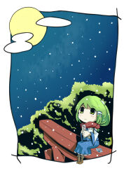 1girl bare_shoulders blue_skirt border cellphone chibi cloud collared_shirt detached_sleeves flip_phone frilled_skirt frills frog_hair_ornament green_eyes green_hair hair_ornament hair_tubes holding holding_phone kochiya_sanae kouzilow long_hair long_sleeves looking_up moon night night_sky patterned_clothing phone photo_(object) print_skirt shirt single_hair_tube single_sidelock skirt skirt_set sky sleeveless sleeveless_shirt snake_hair_ornament solo star_(sky) torii touhou tree wide_sleeves