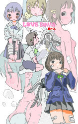 1girl :d bandaged_arm bandaged_head bandages bandaid bandaid_on_arm bandaid_on_cheek bandaid_on_face bandaid_on_leg bandaid_on_thigh black_eyes blue_gloves blue_hair blue_jacket blue_mittens blue_skirt bra breasts brown_hair chise_(saishuu_heiki_kanojo) closed_eyes closed_mouth collared_shirt completely_nude cropped_legs english_text from_behind from_below from_side full_body gloves green_necktie hair_ornament hairclip highres jacket looking_at_viewer mechanical_wings miniskirt mittens multiple_views necktie nude open_mouth parted_lips pleated_skirt riiverr saishuu_heiki_kanojo scarf school_uniform shirt short_hair short_sleeves simple_background sitting skirt small_breasts smile underwear upper_body white_background white_bra white_shirt wings winter_clothes yellow_scarf