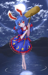 1girl a-lapin animal_ears barefoot blue_dress blue_hair bow cloud dress earclip female_focus fisheye floating full_body full_moon hair_bow hammer head_tilt highres kine lake legs looking_at_viewer lunar_halo mallet moon moon_print moonlight mountain mountainous_horizon night night_sky outdoors pale_skin print_dress rabbit_ears red_eyes reflection ripples seiran_(touhou) short_sleeves silhouette sky solo split_ponytail star_(sky) star_(symbol) star_print starry_sky starry_sky_print tongue tongue_out touhou water