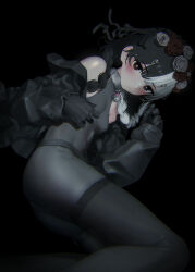 1girl absurdres bandaid bandaid_on_face bandaid_on_nose bare_shoulders bell black_background black_bodysuit black_eyes black_gloves black_hair black_jacket black_ribbon blush bodysuit braid breasts brown_eyes closed_mouth collar darandy flower gloves hair_flower hair_ornament hairclip heterochromia highres jacket long_sleeves looking_at_viewer multicolored_hair neck_bell off_shoulder original red_flower red_rose ribbon rose simple_background sleeveless sleeveless_bodysuit small_breasts solo split-color_hair twin_braids white_flower white_hair white_rose