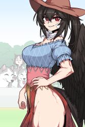 2girls ? animal black_hair black_wings blue_shirt breasts brown_hair brown_headwear brown_skirt cleavage cowboy_hat crossover feathered_wings formicid grin hair_between_eyes hat highres kurokoma_saki large_breasts long_hair multiple_girls muscular muscular_female pegasus_wings red_eyes shirt short_sleeves skirt smile special_week_(umamusume) touhou umamusume wings wolf