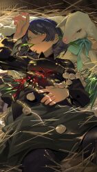 1girl absurdres animal black_shirt blue_hair bocchi_the_rock! closed_mouth highres lamb looking_at_viewer lying omurice_(304975636) on_back sheep shirt short_hair smile solo yamada_ryo