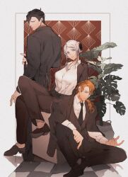 1girl 2boys alternate_costume back black_hair black_jacket black_necktie black_pants black_shoes black_suit black_vest brown_jacket brown_pants brown_shoes brown_suit business_suit closed_mouth collared_jacket collared_shirt commentary_request crossed_legs curly_hair double_bun edelgard_von_hresvelg edelgard_von_hresvelg_(timeskip) ferdinand_von_aegir ferdinand_von_aegir_(timeskip) fire_emblem fire_emblem:_three_houses formal_clothes friends from_behind from_side full_body grey_background hair_between_eyes hair_bun hair_ornament hair_over_one_eye hair_over_shoulder hair_up head_tilt highres hubert_von_vestra hubert_von_vestra_(timeskip) jacket leaning_back long_hair long_sleeves looking_at_viewer looking_to_the_side multiple_boys necktie nintendo open_clothes open_jacket orange_eyes orange_hair pants parted_bangs plant potted_plant purple_eyes shade shadow shirt shoes short_hair sitting suit suit_jacket user_jdxn7382 vest wavy_hair white_hair white_shirt