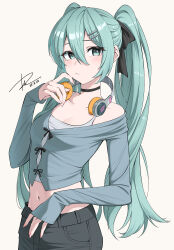 1girl absurdres alternate_costume aqua_eyes black_pants black_ribbon casual closed_mouth commentary_request dai_(tdaitw) dated hair_ornament hair_ribbon hairclip hatsune_miku headphones headphones_around_neck highres long_hair long_sleeves midriff navel pants ribbon signature simple_background solo standing stomach tank_top twintails very_long_hair vocaloid white_background white_tank_top