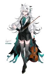 1girl absurdres alternate_costume animal_ears arknights ascot black_gloves black_shorts black_thighhighs black_vest blue_eyes boots bow_(music) collared_shirt dress_shirt full_body gem gloves green_ascot hair_between_eyes hair_ornament hair_ribbon hairclip highres holding holding_bow_(music) holding_instrument holding_violin instrument lappland_(arknights) long_sleeves looking_at_viewer meng_ziya messy_hair open_mouth ribbon scar scar_across_eye scar_on_face shirt shorts simple_background solo standing tachi-e thighhighs vest violin white_background white_hair white_shirt wolf_ears wolf_girl