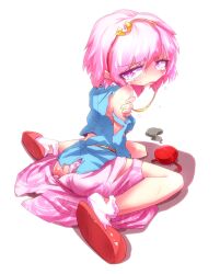 Rule 34 | 1girl, bad id, bad pixiv id, bad twitter id, crying, crying with eyes open, floral print, komeiji satori, long sleeves, looking at viewer, non-web source, open mouth, original, pink eyes, pink hair, rose print, shimizu pem, solo, tears, third eye, touhou, white background