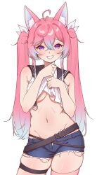 1girl animal_ears armpits bare_shoulders belt blush bow breasts chinese_commentary cleavage commentary_request denim facing_viewer fox_ears fox_girl gradient_hair hair_between_eyes hair_bow hands_up highres indie_virtual_youtuber jeans long_bangs long_hair looking_at_viewer mao_mao_juzhang midriff multicolored_hair navel open_mouth pants pink_hair pink_thighhighs pulling_own_clothes purple_eyes short_shorts shorts simple_background smirk solo standing teeth teletha_(vtuber) thigh_strap thighhighs underboob white_background