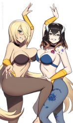 2girls black_hair blonde_hair bloodstained:_ritual_of_the_night bloodstained_(series) breasts brown_hair cleavage cosplay dominique_(bloodstained) glasses gradient_hair hair_over_one_eye highres large_breasts looking_at_viewer miriam_(bloodstained) multicolored_hair multiple_girls one_eye_covered revenantart shantae shantae_(cosplay) simple_background white_background