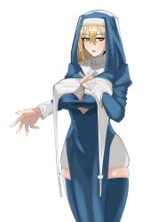 1girl blonde_hair blue_thighhighs breasts cleavage_cutout clothing_cutout covered_erect_nipples cross green_eyes hair_between_eyes hihihihihip5p5r holding holding_cross large_breasts long_hair long_sleeves looking_at_viewer nun original skindentation solo standing thighhighs white_background zettai_ryouiki