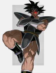 1boy armor biceps black_boots black_eyes black_hair boots closed_mouth crossed_arms domo_(domo_kizusuki) dragon_ball dragonball_z food fruit grey_background hand_up highres holding holding_food holding_fruit leg_up looking_at_viewer male_focus monkey_tail muscular muscular_male red-tinted_eyewear saiyan_armor scouter short_hair simple_background smile smirk solo spiked_hair tail tail_around_own_waist tail_wrap tinted_eyewear tullece two-tone_background v-shaped_eyebrows vambraces white_background