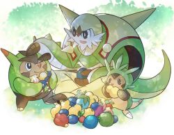 :d asakirirokuyu berry_(pokemon) bright_pupils brown_eyes chesnaught chespin chople_berry claws closed_mouth commentary_request dappled_sunlight evolutionary_line food fruit gen_6_pokemon hand_on_another&#039;s_head holding holding_food holding_fruit leppa_berry looking_at_another lum_berry nanab_berry nintendo no_humans one_eye_closed open_mouth oran_berry payapa_berry pokemon pokemon_(creature) quilladin rawst_berry simple_background sitrus_berry sitting smile standing sunlight white_background white_pupils yache_berry