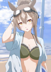Rule 34 | 1girl, absurdres, alternate costume, alternate hairstyle, animal ears, bikini, blush, breasts, brown hair, cardigan, cleavage, commentary, goggles, goggles on head, green bikini, hair bun, hand in own hair, highres, horse ears, horse girl, jagili noe, long hair, looking at viewer, medium breasts, open cardigan, open clothes, satono diamond (umamusume), single hair bun, solo, swimsuit, umamusume, upper body