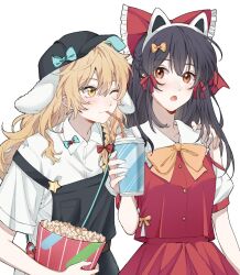 2girls :o ;) alternate_costume animal_ear_hairband animal_ears belt black_hair black_hat black_skirt black_vest blonde_hair blue_bow blush bow bowtie braid brown_eyes cat_ear_hairband cat_ears collared_shirt commentary cup disposable_cup drinking drinking_straw fake_animal_ears food frilled_bow frills hair_bow hair_ribbon hairband hakurei_reimu hand_on_another&#039;s_shoulder hand_up hat highres hitte5416 holding holding_cup kirisame_marisa long_hair multiple_girls one_eye_closed popcorn puffy_short_sleeves puffy_sleeves red_bow red_ribbon red_vest ribbon shirt short_sleeves side_braid single_braid skirt smile symbol-only_commentary touhou upper_body vest white_background white_hairband white_shirt yellow_bow yellow_bowtie yellow_eyes