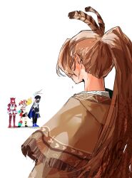 animal_ears asymmetrical_legwear asymmetrical_sleeves blue_hair brown_capelet brown_cloak cape capelet cloak crying demon_horns detached_sleeves dress faceless feather_hair_ornament feathers from_behind hair_intakes hair_ornament hakos_baelz hakos_baelz_(1st_costume) halo hieroglyphics highres hololive hololive_english hood hooded_cloak horns irys_(hololive) irys_(irys_2.0)_(hololive) leg_warmers long_hair looking_at_another magsomething mechanical_halo mismatched_legwear mismatched_sleeves mouse_ears mouse_girl nanashi_mumei nanashi_mumei_(1st_costume) ouro_kronii ouro_kronii_(1st_costume) ponytail purple_hair red_hair shirt sidelocks sleeveless sleeveless_shirt thighhighs very_long_hair virtual_youtuber waving white_dress