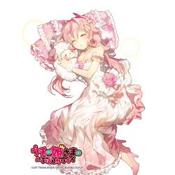 1girl animal blush breasts cleavage closed_eyes full_body high_heels holding holding_animal horns long_hair looking_at_viewer lying on_side parted_lips pillow pink_hair pink_shoes pumps sheep shoes sleeping sukja uchi_no_hime-sama_ga_ichiban_kawaii wand