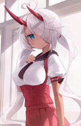 1girl absurdres ahoge azur_lane black_sailor_collar bloom_muchi blue_eyes bow breasts brown_bow closed_mouth commentary dark-skinned_female dark_skin hair_over_one_eye heart heart_ahoge high-waist_skirt highres horns indianapolis_(at_school_with_my_sister...)_(azur_lane) indianapolis_(azur_lane) indoors long_bangs long_hair mechanical_horns medium_breasts puffy_short_sleeves puffy_sleeves red_horns red_skirt sailor_collar school_uniform shirt short_sleeves skirt sleeve_bow solo suspender_skirt suspenders twintails upper_body very_long_hair white_shirt window