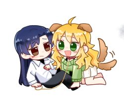 2girls ahoge all_fours animal_collar animal_ears black_pants blonde_hair blue_hair brown_eyes chibi chiwawa174 closed_mouth collar collared_shirt dog_ears dog_tail eye_contact full_body green_eyes green_sweater highres holding holding_leash hoshii_miki idolmaster idolmaster_(classic) jitome kemonomimi_mode kisaragi_chihaya leash long_hair long_sleeves looking_at_another multiple_girls open_mouth pants shirt simple_background sitting smile sweater tail tail_wagging white_background white_shirt