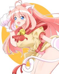 Rule 34 | 1girl, animal ears, animal hands, arm up, bell, bent over, blue eyes, blush, breasts, cat ears, cat paws, cat tail, dress, gloves, hair between eyes, high ponytail, highres, leotard, long hair, looking at viewer, m (muimui 11), melody sinclair, open mouth, paw gloves, pink hair, pink leotard, ponytail, ribbon, short sleeves, simple background, smile, solo, standing, tail, tail ornament, tail ribbon, thighs, wide ponytail, yellow dress, yuukyuu gensoukyoku