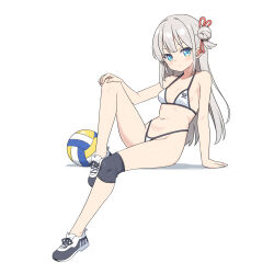 1girl ball bare_arms bare_shoulders bikini bikini_under_clothes blue_eyes blush breasts closed_mouth full_body grey_hair hair_bun hatsunatsu highleg highleg_bikini long_hair looking_at_viewer navel original shoes simple_background single_side_bun sitting skindentation small_breasts solo swimsuit very_long_hair white_background white_bikini white_shoes