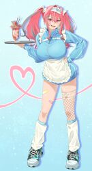 1girl absurdres apron azur_lane blue_background blue_jacket blush breasts bremerton_(azur_lane) food frills hair_between_eyes heart highres holding ice_cream jacket kento_(kentdrawing) large_breasts long_hair looking_at_viewer multicolored_hair pink_eyes pink_hair shoes smile sneakers solo streaked_hair sundae track_jacket tray twintails waitress