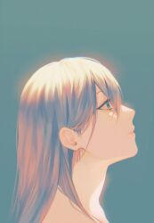 Rule 34 | 1girl, 23i2ko, blue background, blue eyes, brown hair, from side, glowing, hair between eyes, hair over shoulder, highres, light frown, long hair, original, portrait, simple background, solo