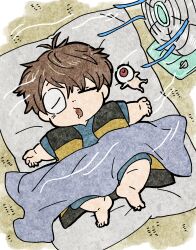 1boy 20091002 absurdres ahoge baby bare_arms barefoot blanket blowing brown_hair chanchanko_(clothes) child covering_with_blanket drooling electric_fan fang futon gegege_no_kitarou hair_over_one_eye highres kitarou kitarou_tanjou:_gegege_no_nazo lying medama_oyaji mouth_drool on_back one_eye_closed one_eye_covered open_mouth pajamas parted_bangs puffy_cheeks saliva sleeping soles tatami under_covers wind