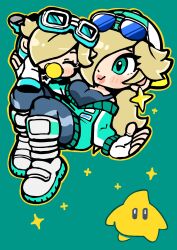2girls aqua_eyes aqua_jacket baby_rosalina baby_rosalina_(touring) backwards_hat baseball_cap bkub blonde_hair blue-tinted_eyewear blue_background blue_pants blue_tank_top blush_stickers bright_pupils closed_eyes eyewear_on_head fingerless_gloves full_body gloves hair_over_one_eye hat highres jacket long_hair long_sleeves looking_at_another looking_at_viewer luma_(mario) mario_(series) mario_kart mario_kart_world multiple_girls nintendo no_mouth no_nose off_shoulder outline pacifier pants pink_lips rosalina rosalina_(touring) shoes short_hair simple_background sparkle sunglasses tank_top tinted_eyewear white-framed_eyewear white_gloves white_pupils white_shoes yellow_outline