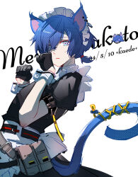 1boy animal_ears apron artist_name belt belt_pouch black_gloves black_shirt blue_hair blue_tail bracelet brown_belt cat_ears cat_tail character_name crossdressing dated from_side gloves grey_eyes hair_over_one_eye half_gloves hands_up jewelry kaede1231 kemonomimi_mode looking_at_viewer maid maid_apron maid_headdress male_focus male_maid paw_pose persona persona_3 ponytail pouch ribbon shirt short_hair short_ponytail short_sleeves simple_background solo tail tail_ornament tail_ribbon white_background white_wrist_cuffs wrist_cuffs yellow_ribbon yuuki_makoto_(persona_3)