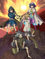 animal_ears blonde_hair blue_dress blue_hair brown_eyes bug camouflage camouflage_skirt cape centipede coat dress fox_ears fox_girl fox_shadow_puppet frilled_dress frills gem green_ribbon hairband hat highres himemushi_momoyo holding holding_pickaxe holding_shovel iizunamaru_megumu kudamaki_tsukasa long_hair mullet multicolored_dress multicolored_hairband patchwork_clothes pickaxe pointy_ears pom_pom_(clothes) rainbow_gradient red_button red_eyes ribbon ribbon_trim romper short_hair shoulder_guard shovel skirt sky_print sleeveless sleeveless_coat syope tengu tenkyuu_chimata tokin_hat tools touhou two-sided_cape two-sided_fabric white_cape white_dress