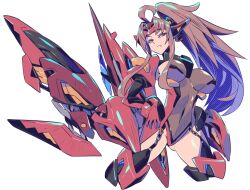 1girl ahoge breasts brown_hair covered_navel cropped_legs garter_straps gloves gluteal_fold large_breasts leotard long_hair mecha_musume mechanical_wings mk-5 original parted_lips ponytail purple_eyes red_gloves science_fiction solo thighhighs very_long_hair white_background wings