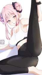 Rule 34 | 1girl, :o, arm support, bare arms, bare shoulders, barefoot, black pants, black scrunchie, blue archive, blush, breasts, cleavage, commentary, donut hair bun, double bun, hair bun, hair ornament, hair scrunchie, highres, leg up, long hair, looking at viewer, medium breasts, midriff, mika (blue archive), navel, no halo, pants, pink hair, sagging breasts, scrunchie, sidelocks, signature, solo, sports bra, stretching, takoroki, white scrunchie, white sports bra, workout clothes, wrist scrunchie, yellow eyes, yoga pants