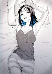 1girl armpits arms_up bare_arms bare_shoulders black_hair blue_hair breasts camisole choppy_bangs cleavage colored_inner_hair commentary_request greyscale highres kitahara_aoba looking_at_viewer lying medium_breasts medium_hair monochrome multicolored_hair on_back on_bed open_mouth pillow sawaranaide_kotesashi-kun shinjou_takuya shorts solo spot_color striped_clothes striped_shorts two-tone_hair