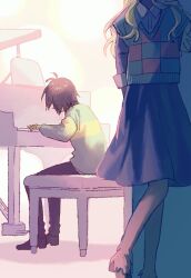 1girl 1other arms_behind_back beryllium_game black_pants black_skirt blonde_hair brown_hair checkered_sweater_vest commentary deltarune grand_piano green_sweater green_vest head_out_of_frame highres instrument kris_(deltarune) long_hair long_sleeves music noelle_holiday pants piano piano_bench playing_instrument playing_piano short_hair sitting skirt striped_clothes striped_sweater sweater vest