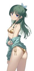 1girl absurdres aqua_shirt arm_at_side ass bikini blue_eyes blue_ribbon blunt_bangs breasts collarbone cowboy_shot flat_ass gold_bikini golden_week green_hair hair_ribbon half_updo highres holding_own_arm kusuriya_no_hitorigoto long_hair looking_at_viewer looking_to_the_side maomao_(kusuriya_no_hitorigoto) parted_lips profnote ribbon shirt shirt_partially_removed side-tie_bikini_bottom sidelocks simple_background small_breasts solo standing string_bikini swimsuit three_quarter_view white_background