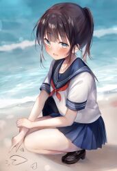 1girl :d absurdres bag beach black_hair black_shoes blue_eyes blue_sailor_collar blue_skirt blush commentary_request day fang full_body heart highres loafers looking_at_viewer mochi_nabe neckerchief ocean open_mouth original pleated_skirt red_neckerchief sailor_collar sand sand_writing school_bag school_uniform serafuku shirt shoes short_sleeves skirt smile solo squatting water white_shirt