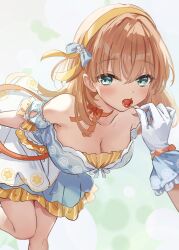 2girls absurdres aqua_eyes armpit_crease bare_shoulders bent_over blue_dress bow bow_choker breasts celebration!_(love_live!) cherry choker cleavage collarbone commentary crossed_bangs detached_sleeves dress feeding feet_out_of_frame female_pov food frilled_gloves frills fruit gloves hair_intakes hairband highres hinoshita_kaho holding holding_cherry holding_food holding_fruit large_breasts link!_like!_love_live! looking_at_viewer love_live! momose_ginko multiple_girls nekomaru_nisei official_alternate_costume orange_choker orange_hair pov puffy_short_sleeves puffy_sleeves short_dress short_sleeves strapless strapless_dress two_side_up virtual_youtuber white_gloves yellow_hairband