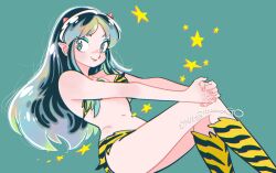 1girl animal_print aqua_background bikini breasts cleavage cone_horns eyelashes from_side highres horns interlocked_fingers long_hair looking_at_viewer lum muda_rengou_to_ziggy_stardust navel own_hands_together pointy_ears print_bikini print_boots sidelocks signature smile solo star_(symbol) swimsuit tiger_print urusei_yatsura
