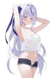 1girl absurdres ahoge aokumo_rin arm_behind_head armpits arms_up bare_shoulders blue_bow blue_eyes blue_hair blush bow breasts cleavage collarbone commentary_request crop_top crop_top_overhang hair_bow hair_intakes highres korean_commentary large_breasts leepy long_hair looking_at_viewer multicolored_hair navel open_clothes open_shorts panties shirt short_shorts shorts sidelocks simple_background solo standing stellive stomach streaked_hair thighs tying_hair underwear very_long_hair virtual_youtuber white_background white_hair white_panties white_shirt