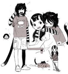 2girls ^^^ animal_ears blunt_bangs broom cat_ears cat_girl cat_tail chipped_tooth closed_eyes closed_mouth crocs dungeon_meshi fangs frs2 highres holding holding_broom horns inutade izutsumi leaf long_sleeves looking_at_another lying medium_hair multiple_girls multiple_views oni oni_horns open_mouth shirt short_sleeves shorts simple_background slit_pupils smile speech_bubble squeans standing sweeping tail tears thought_bubble twintails white_background yawning