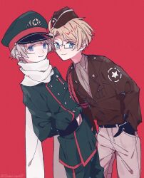 Rule 34 | 2boys, ahoge, aiguillette, america (hetalia), arms behind back, artist name, ascot, axis powers hetalia, belt, black-framed eyewear, black belt, black gloves, blonde hair, blue eyes, breast pocket, brown hat, brown jacket, buttons, closed mouth, commentary request, cowboy shot, glasses, gloves, green hat, green jacket, green pants, grey ascot, grey hair, grey shirt, hair between eyes, hat, hat ornament, highres, jacket, lapels, long sleeves, looking at viewer, male focus, medal, military hat, military jacket, military uniform, multiple boys, pants, pocket, puffy long sleeves, puffy sleeves, purple eyes, red background, russia (hetalia), scarf, semi-rimless eyewear, sheer candy, shirt, short hair, simple background, smile, standing, star (symbol), star hat ornament, star ornament, star print, white pants, white scarf