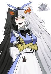 1boy 1girl alice_(black_souls) alice_(black_souls)_(cosplay) asdf1211950 asymmetrical_wings black_bow black_bowtie black_hair black_souls black_souls_2 blue_bow blue_dress blue_hairband bow bow_hairband bowtie breasts cosplay crossed_arms dress grimm_(black_souls) hairband half-harpy head_wings heterochromia highres jubjub_(black_souls) looking_at_viewer medium_breasts mismatched_wings open_mouth puffy_short_sleeves puffy_sleeves red_eyes short_hair short_sleeves sister_alice_(black_souls) smile talons white_hair wings yellow_eyes