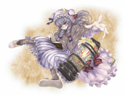 Rule 34 | 1girl, black socks, blue bow, book, bow, braid, brown capelet, brown eyes, brown pants, brown slippers, capelet, commentary request, crescent, crescent hat ornament, crystal, dress, fire, footwear bow, frilled hat, frills, full body, glasses, hair bow, hat, hat ornament, hat ribbon, holding, holding book, lamp, light blush, long hair, mumulatte, open book, open mouth, outstretched hand, pants, patchouli knowledge, pink hat, plaid bow, purple dress, purple hair, red bow, ribbon, slippers, socks, solo, striped clothes, striped dress, touhou, twin braids, white background, wool